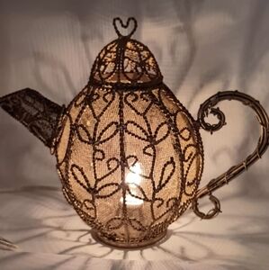 Hand Made  Goldtone Metal Mesh Tea Pot Light.